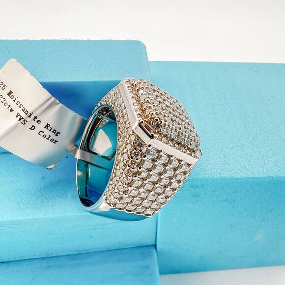 925 Sterling Sliver Moissanite Square Ring, 5.622ctw VVS Stones with Baguettes H - Picture 6 of 7